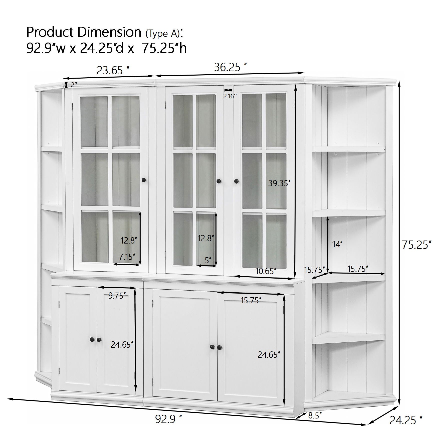 Retro Style Wall Suit With Glass Doors, 75.25" Tall Display Cabinets & Triangle Sided Bookshelves - White Hearth and Haven