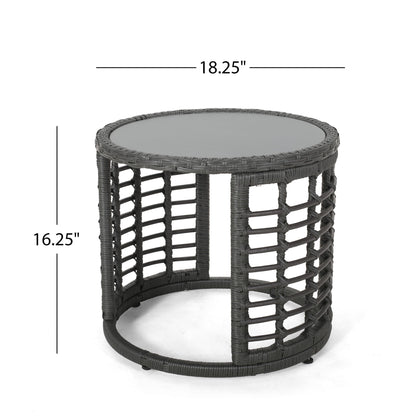 Achill - Outdoor Modern Boho Wicker Side Table With Glass Top - Gray Noble House