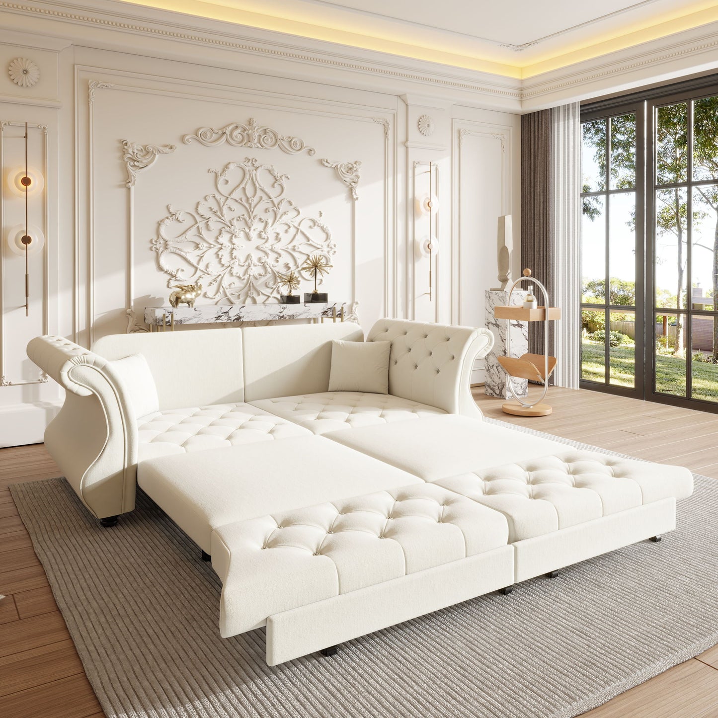 Oversized Chesterfield Pull Out Sofa Bed, Roll Arm Couch With Flower Tufting For Living Room Home Essentials