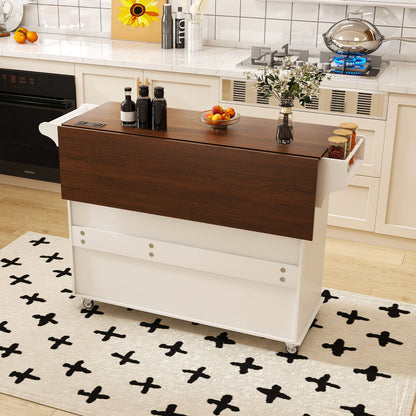Kitchen Island Cart With Foldable Tabletop & Drop Leaf Mobile Breakfast Bar With Wood Top And Storage - White / Walnut Home Essentials