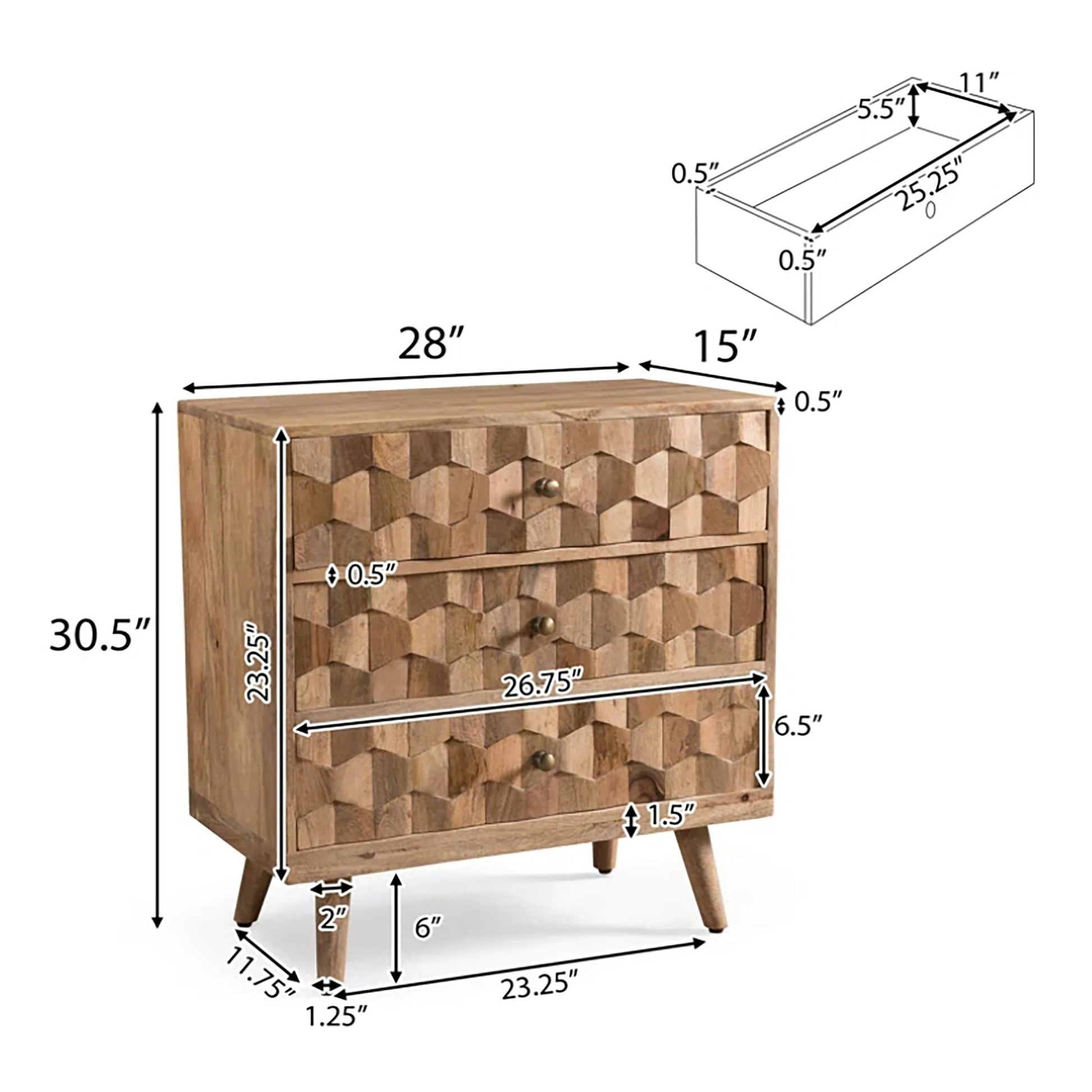 Mid Century Modern Mango Wood 3 Drawer Chest With 3D Tile Weave Design - Natural Noble House
