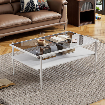 Rectangle Coffee Table With Tempered Glass Top And White Legs, Modern Table For Living Room Home Essentials