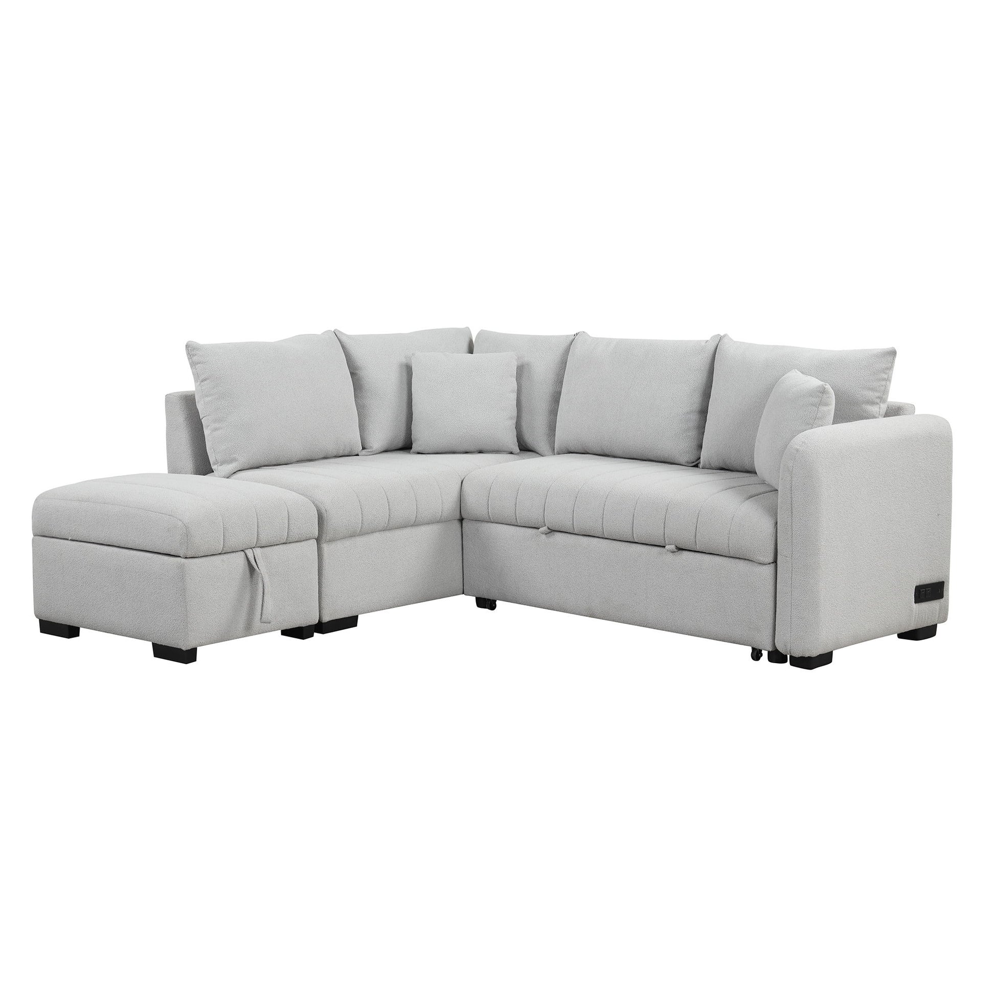 L-Shaped Sectional Pull Out Sofa Bed Sleeper Sofa With Two USB Ports, Two Power Sockets And A Movable Storage Ottoman Hearth and Haven