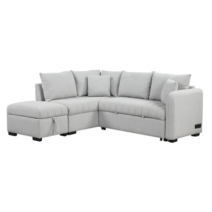 L-Shaped Sectional Pull Out Sofa Bed Sleeper Sofa With Two USB Ports, Two Power Sockets And A Movable Storage Ottoman Hearth and Haven