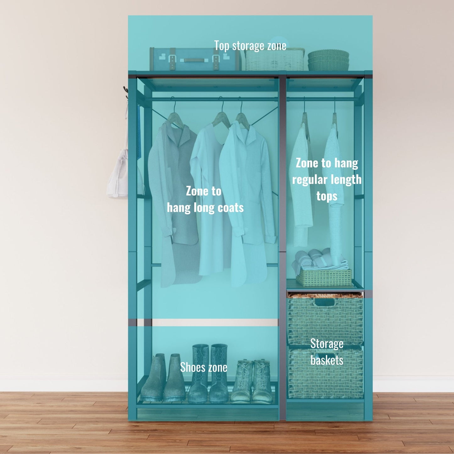 Garment Rack With Shelves, 2 Wicker Drawers, 4 Hooks, Organizer Daily Nest