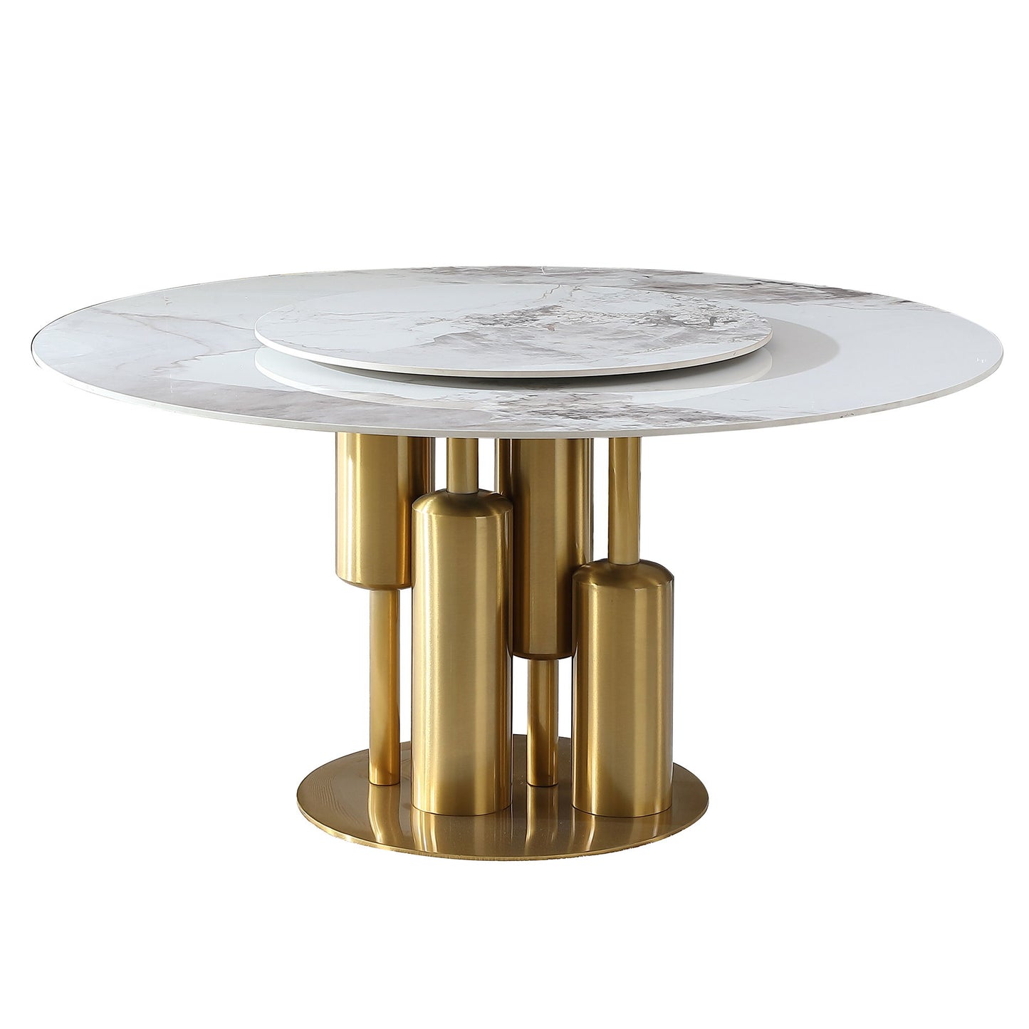 53" Round Marble Dining Table With Lazy Susan, Dining Room, Dinette (Table Only) - Gold / Gold / White Home Essentials