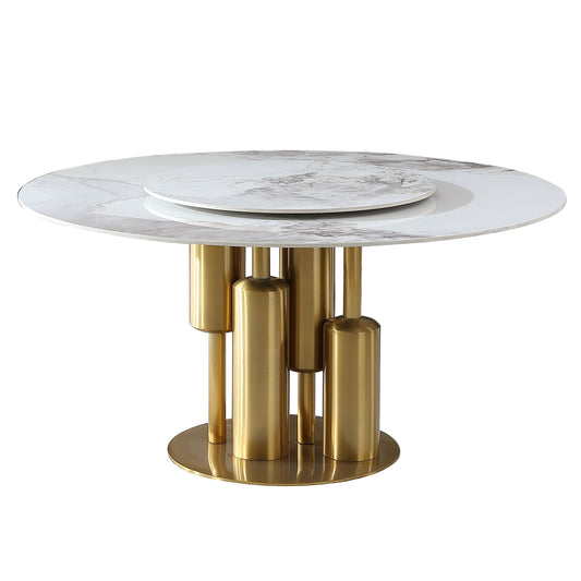 53" Round Marble Dining Table With Lazy Susan, Dining Room, Dinette (Table Only) - Gold / Gold / White Home Essentials