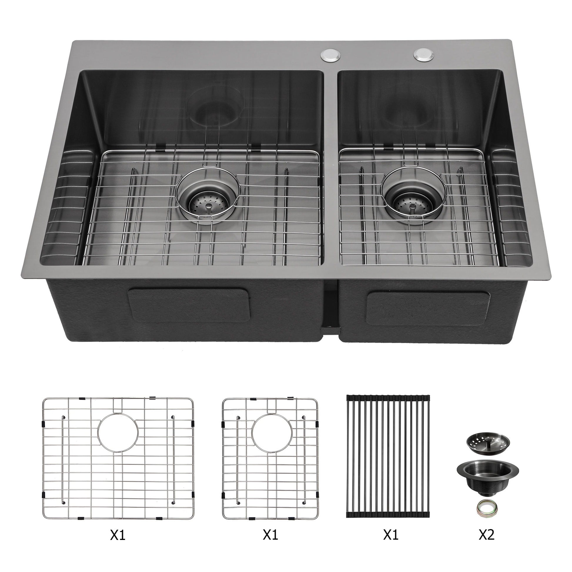 Double Bowl Kitchen Sink 16 Gauge 33" X 22" With 2 10" Deep Basins - Gunmetal Black Daily Nest