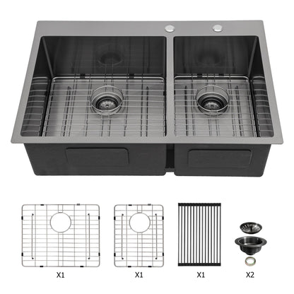 Double Bowl Kitchen Sink 16 Gauge 33" X 22" With 2 10" Deep Basins - Gunmetal Black Daily Nest