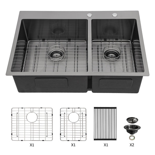Double Bowl Kitchen Sink 16 Gauge 33" X 22" With 2 10" Deep Basins - Gunmetal Black Daily Nest