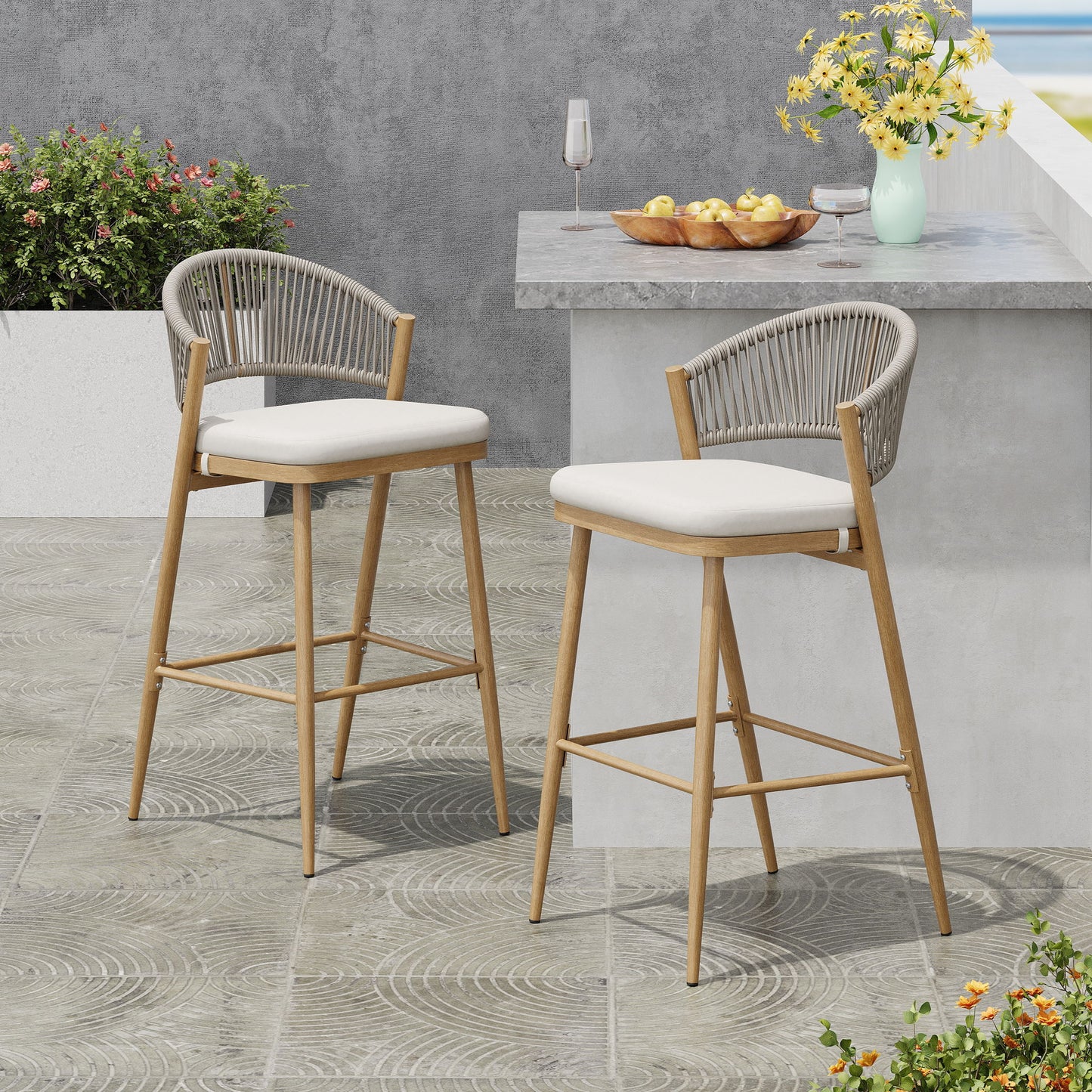 Outdoor Bar Height Metal Frame Counter Stools With Scallop Shaped Backrest & Water Resistant Cushions Noble House
