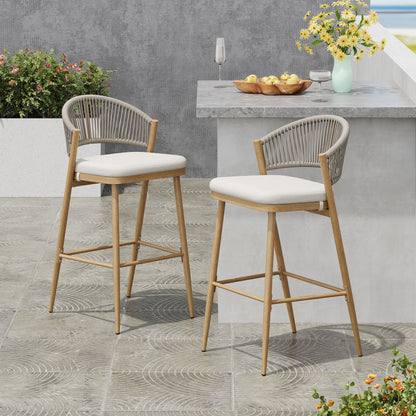 Outdoor Bar Height Metal Frame Counter Stools With Scallop Shaped Backrest & Water Resistant Cushions Noble House
