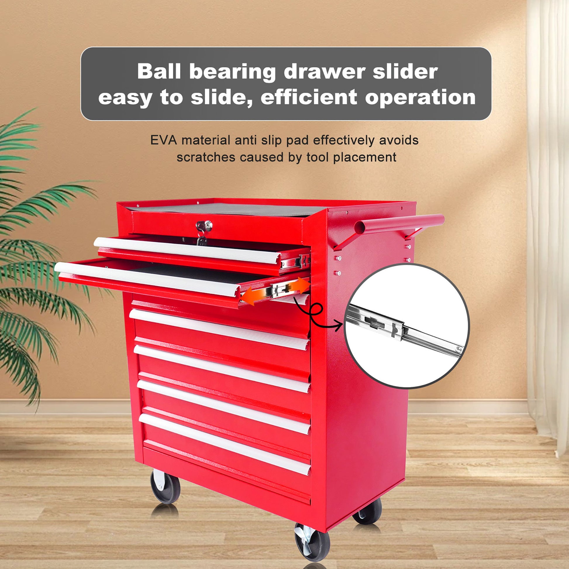 Red 7 Drawer Metal Rolling Tool Chest With Locking System And Wheels, Steel Construction - Red Daily Nest