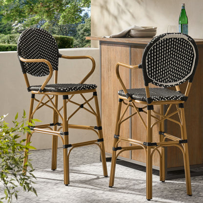 Outdoor Wicker And Aluminum French Barstools (Set of 2) Noble House