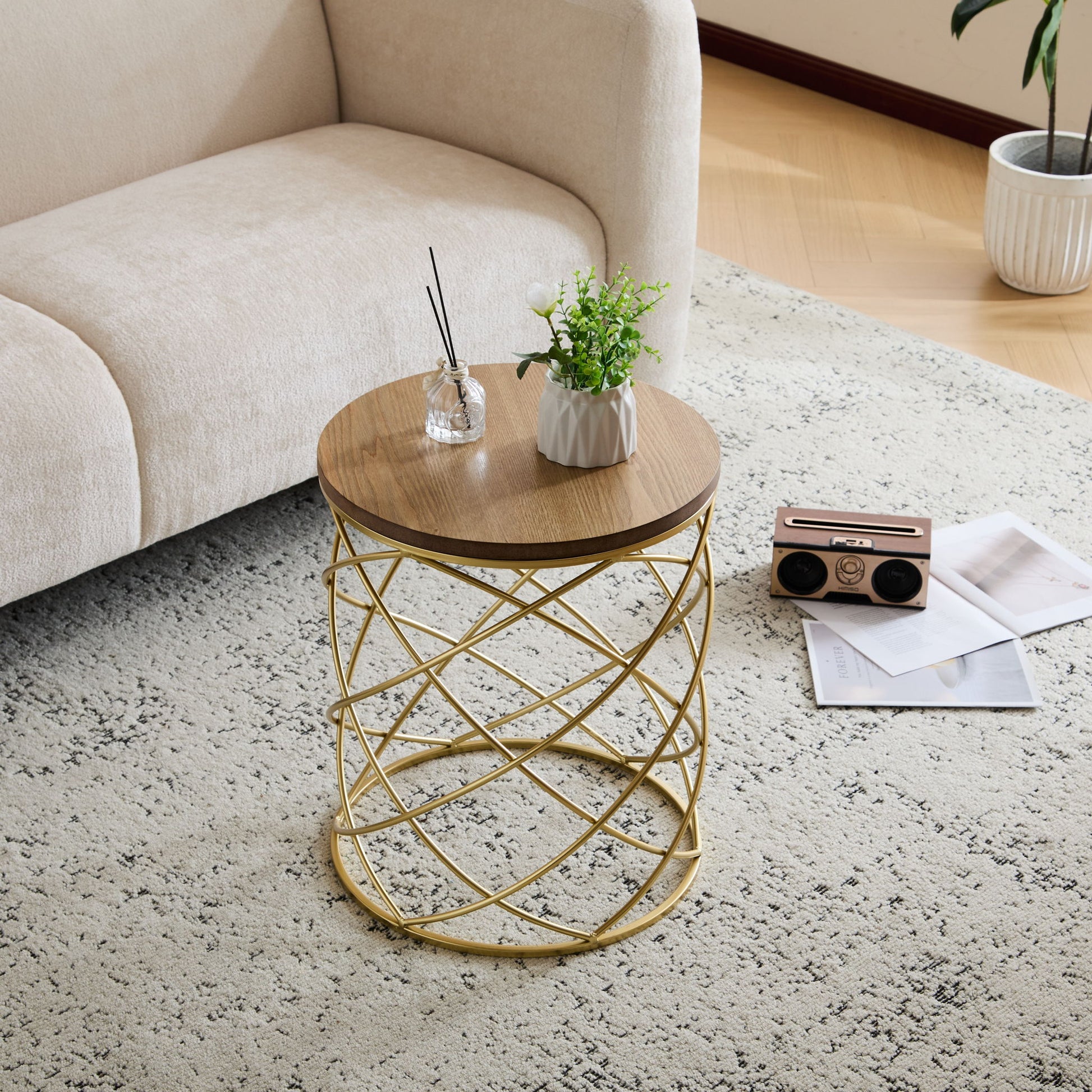 Contemporary Golden Side Table With Top And Metal Frame - Natural / Gold Noble House