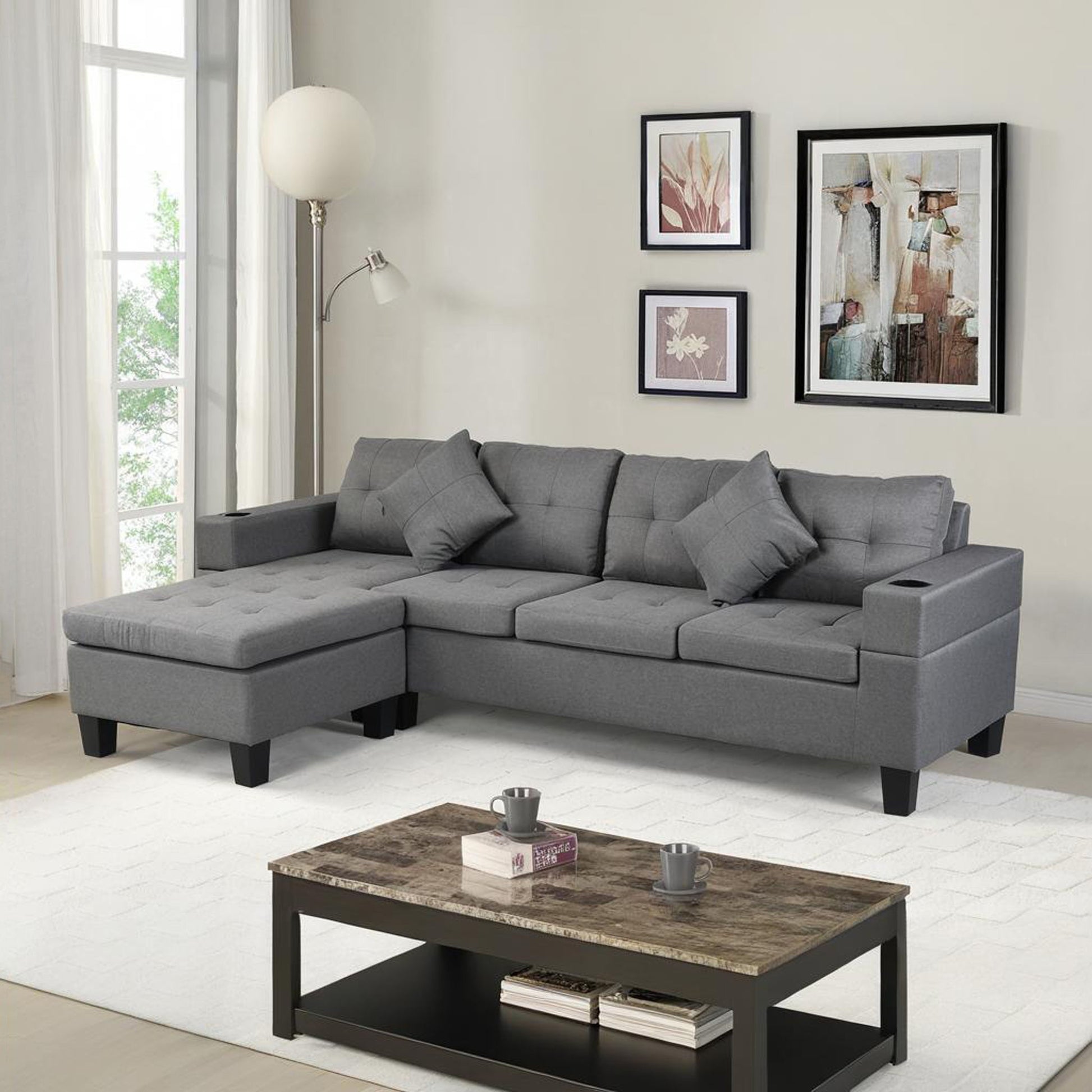 Modern Sectional Sofa Set With L Shape Chaise Lounge, Cup Holder, 4 Seat - Gray Home Essentials