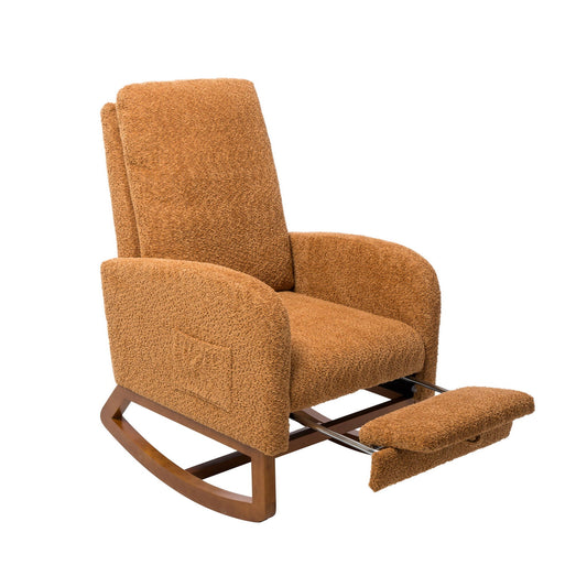 High Back Glider Rocking Chair With Retractable Footrest And Rubber Wood Legs Home Essentials