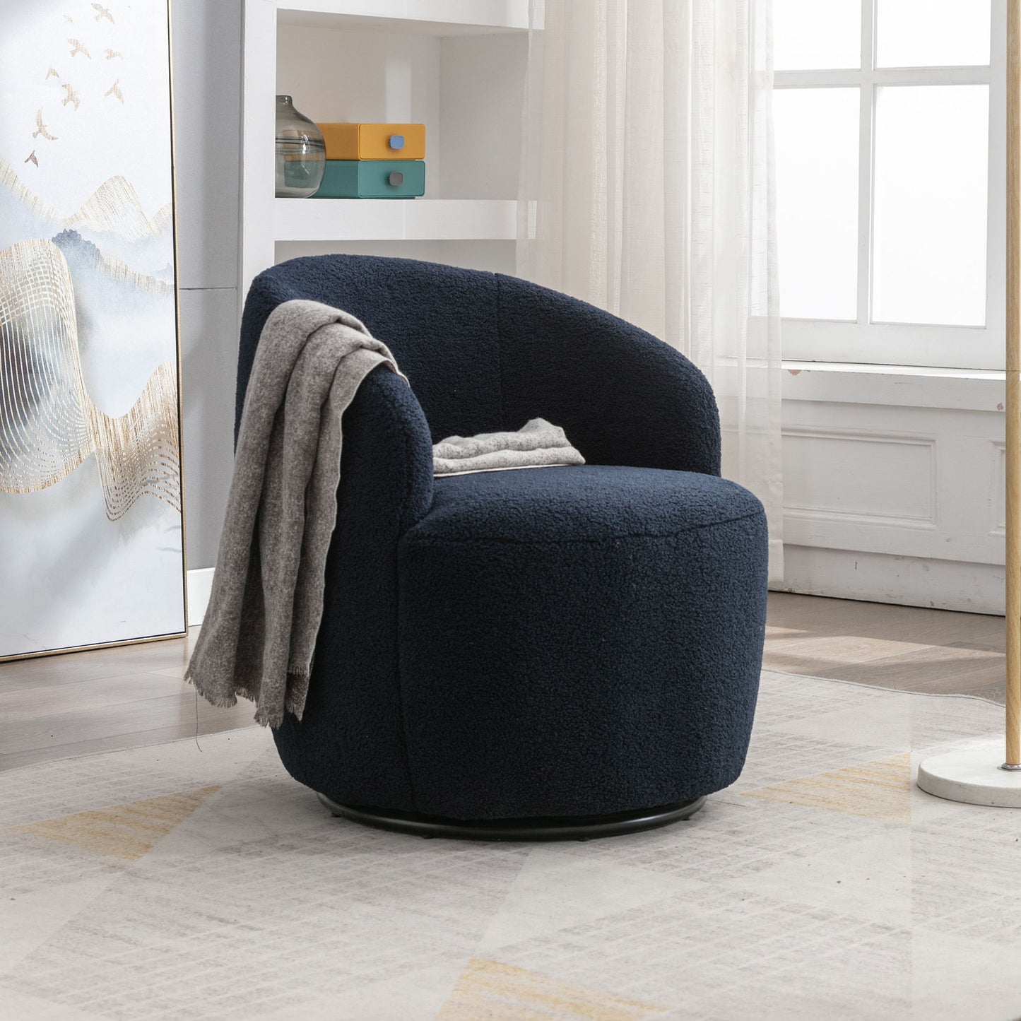 Teddy Fabric Swivel Accent Armchair Barrel Chair With Powder Coating Metal Ring