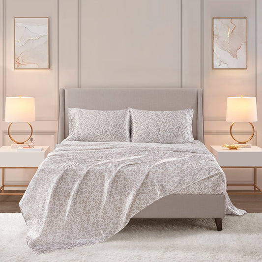 Printed Satin - King Sheet Set - Taupe Leopard Madison Park Essentials