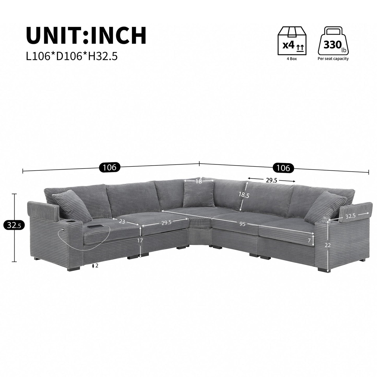 Convertible L Shaped Sectional Corner Couch With Armrest Storage Cup Holders USB Charger, Irregular Corner Oversized Comfy Modular Sofa Luxe & Co.