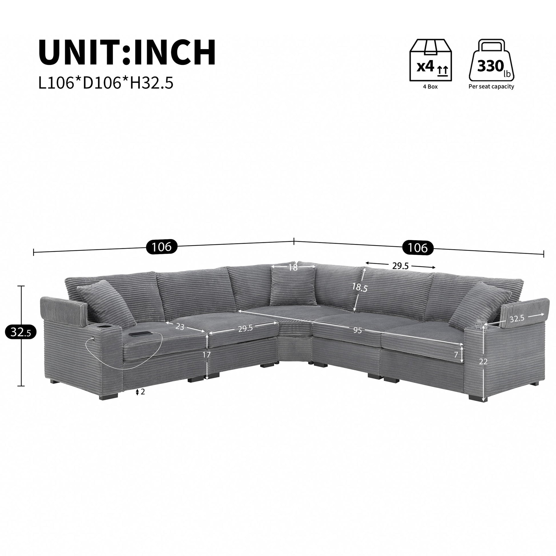 Convertible L Shaped Sectional Corner Couch With Armrest Storage Cup Holders USB Charger, Irregular Corner Oversized Comfy Modular Sofa Luxe & Co.