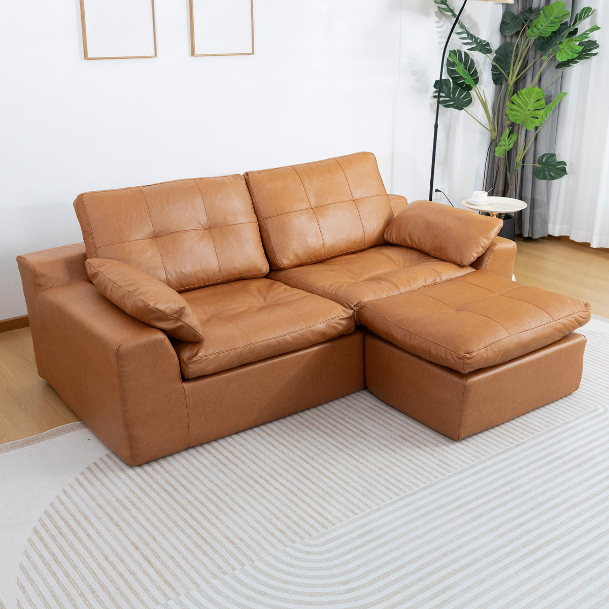 L - Shaped Modular 2 Seater Sofa With Movable Ottoman And High Density Sponge Cushions For Living Room Home Essentials
