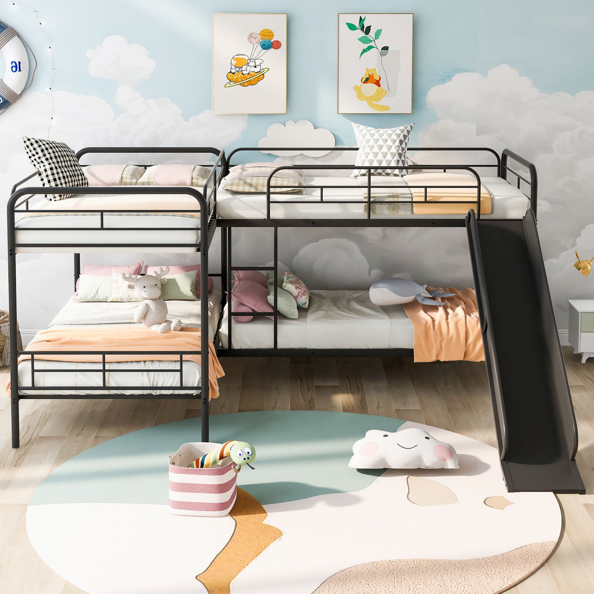 Mission Style Twin Size L-Shaped Bunk Bed With Slide And Ladder - Black Hearth and Haven