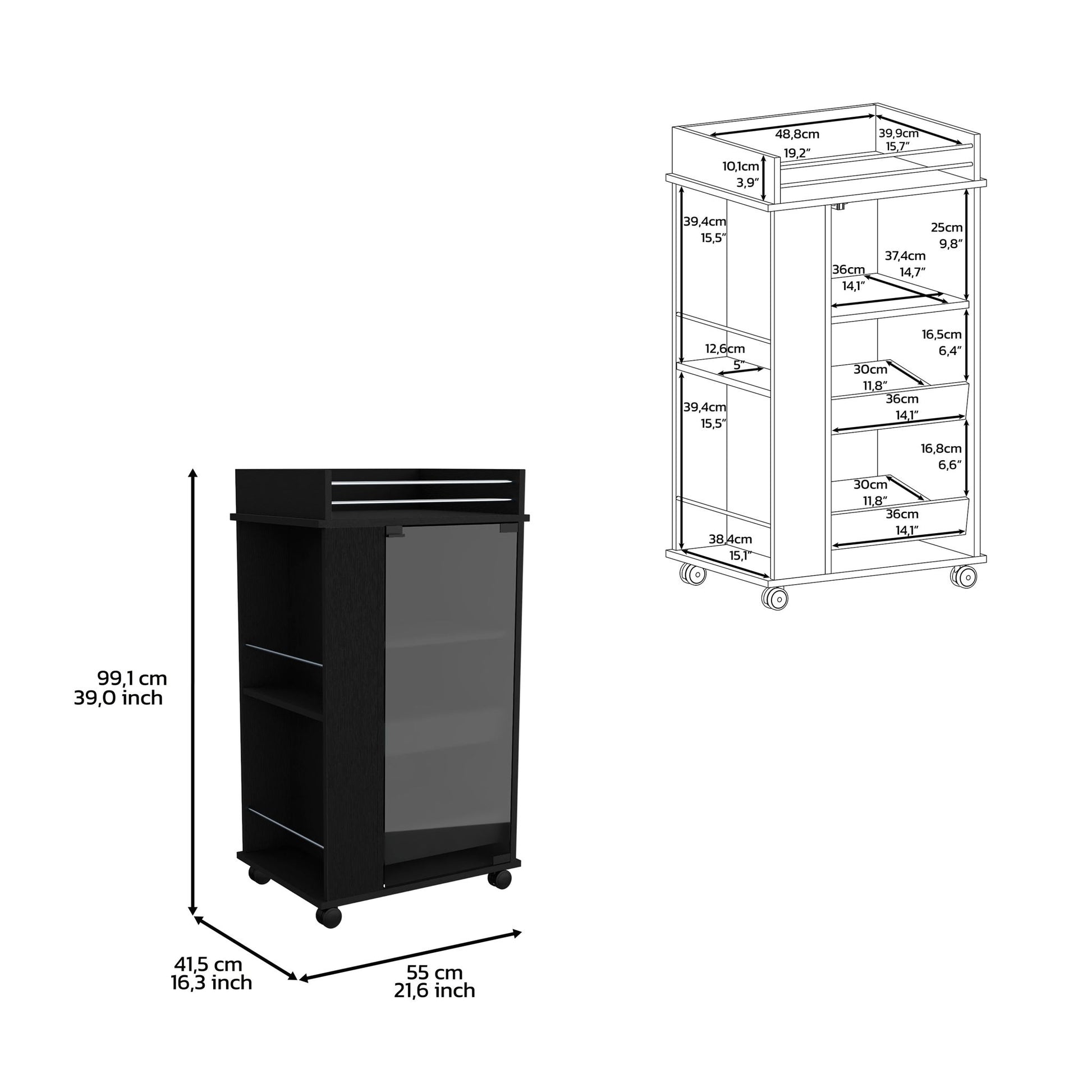 Bar Cart With Glass Door, 2 Side Shelves And Casters - Black Home Essentials