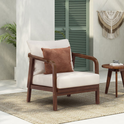 Outdoor Lounge Chair With Woven Backrest, Solid Wood Frame, Comfortable Cushions Noble House