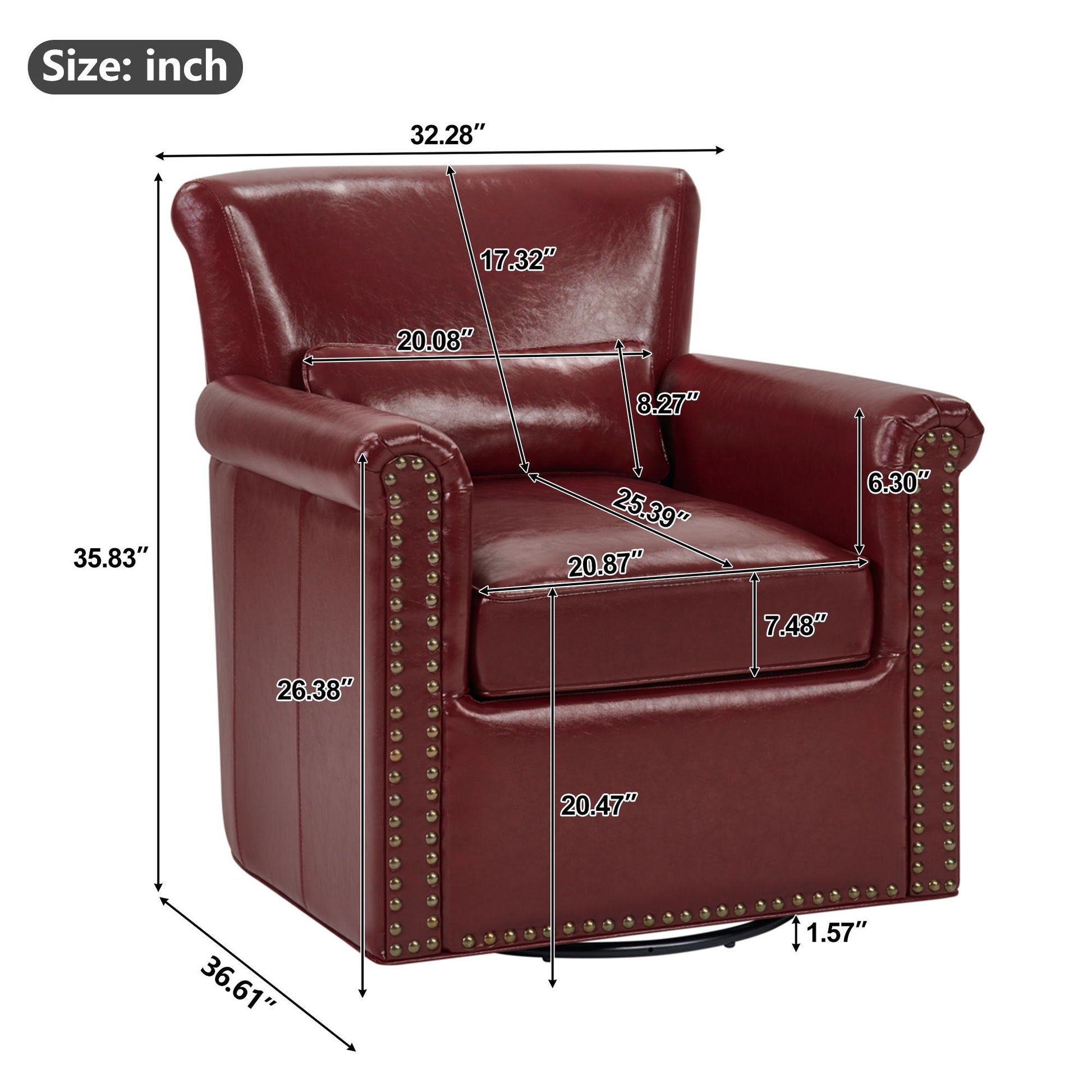Swivel Accent Chair With Rolled Arm, Sewn Pillow Back, Nailhead Trim For Living Room Noble House
