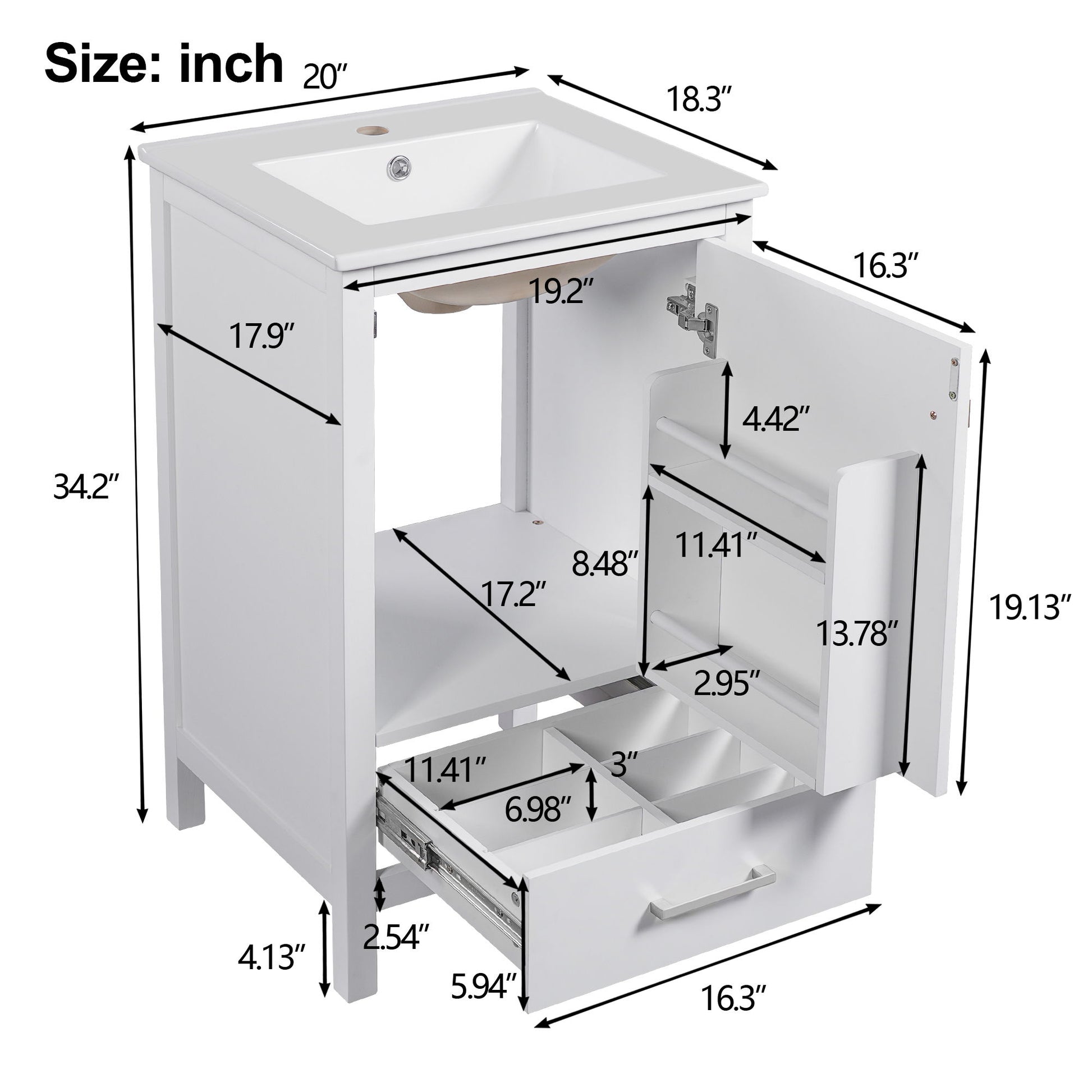 Bathroom Vanity With Ceramic Sink, Soft Close Drawers, Door Organizer, Divider Drawer, Adjustable Foot Pads Hearth and Haven