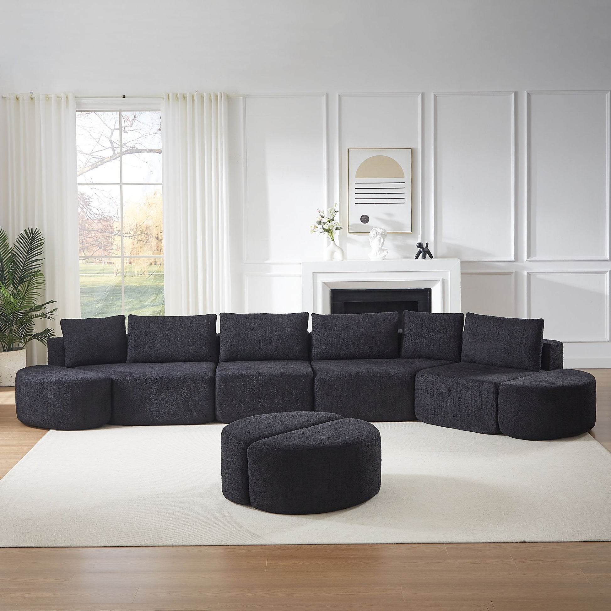 Modular Sectional Sofa With 6 Pillows And 4 Curved Footstools For Living Rooms - Black Home Essentials