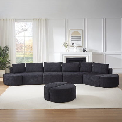 Modular Sectional Sofa With 6 Pillows And 4 Curved Footstools For Living Rooms - Black Home Essentials