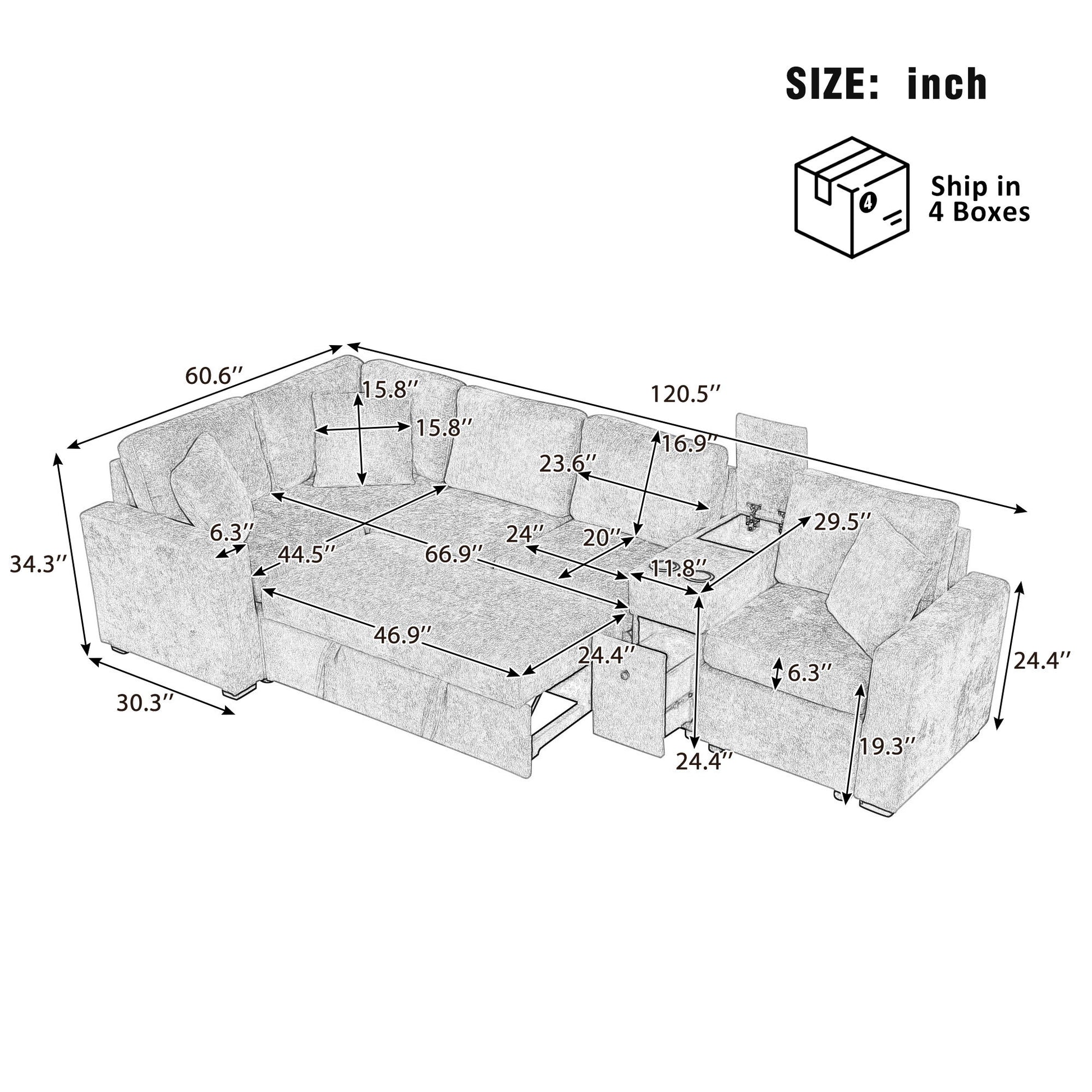 Modular L-Shaped Sectional Sofa Bed With Pull-Out Sleeper, Cup Holders, And Storage Hearth and Haven