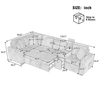 Modular L-Shaped Sectional Sofa Bed With Pull-Out Sleeper, Cup Holders, And Storage Hearth and Haven