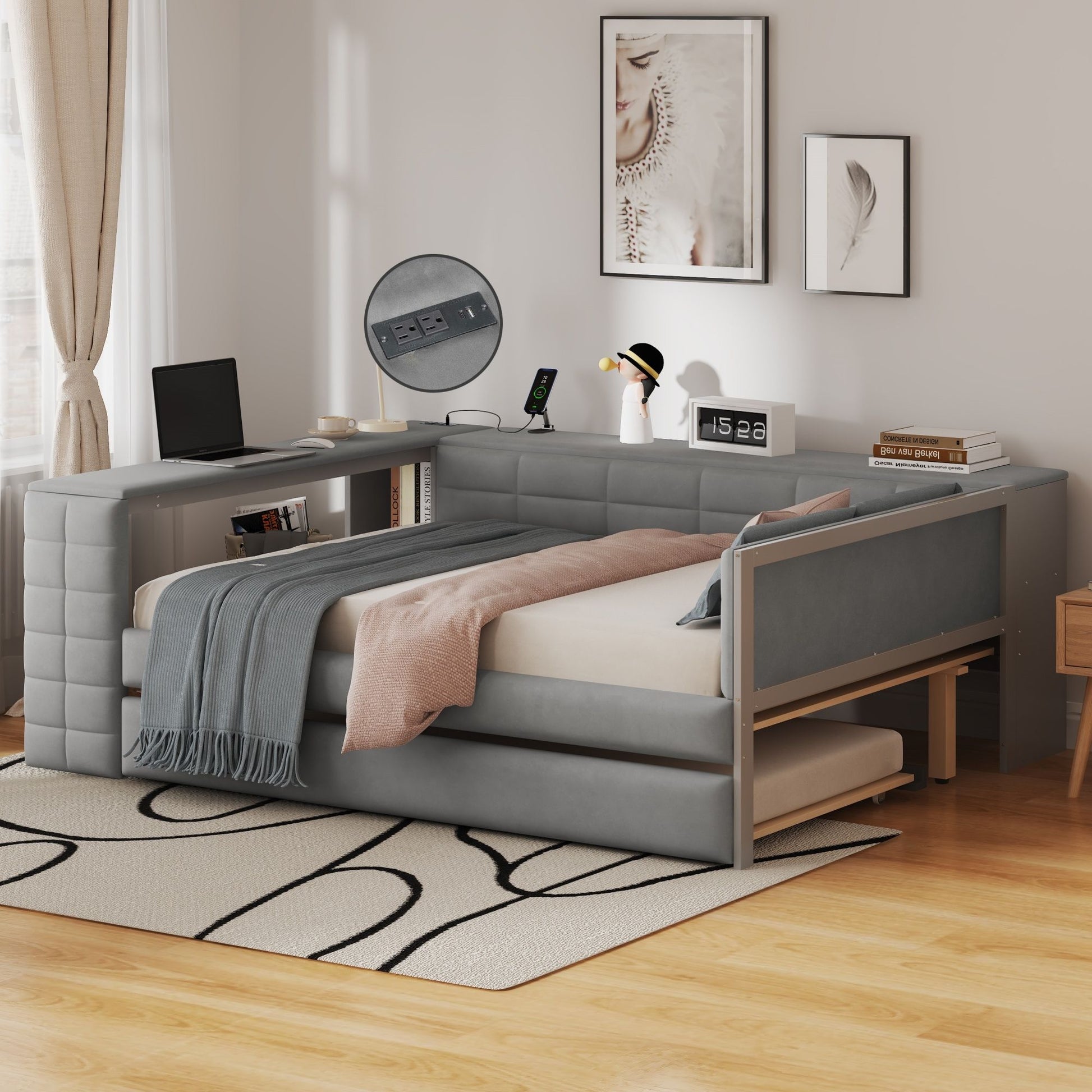 Upholstered Platform Bed With Storage Shelves, Desk, Charging Station And Trundle Hearth and Haven