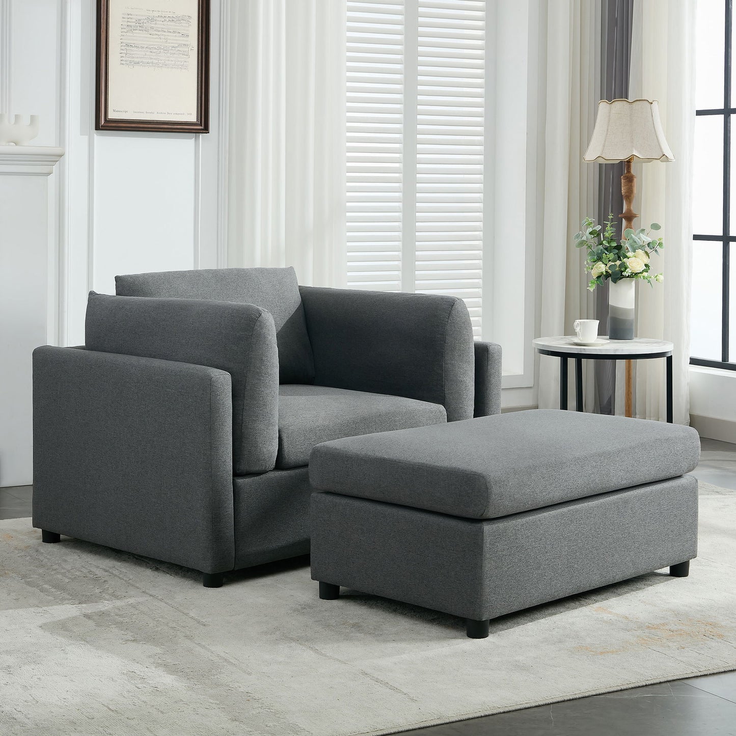 Wide Modern Oversized Armchair With Ottoman Stool, Single Sofa With Lumbar Support, Accent Chair