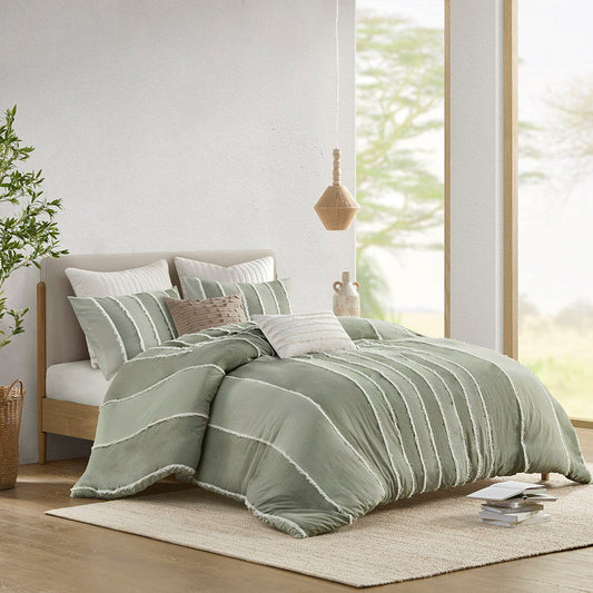 Shay - 3 Piece Striped Cotton Duvet Cover Set - Green