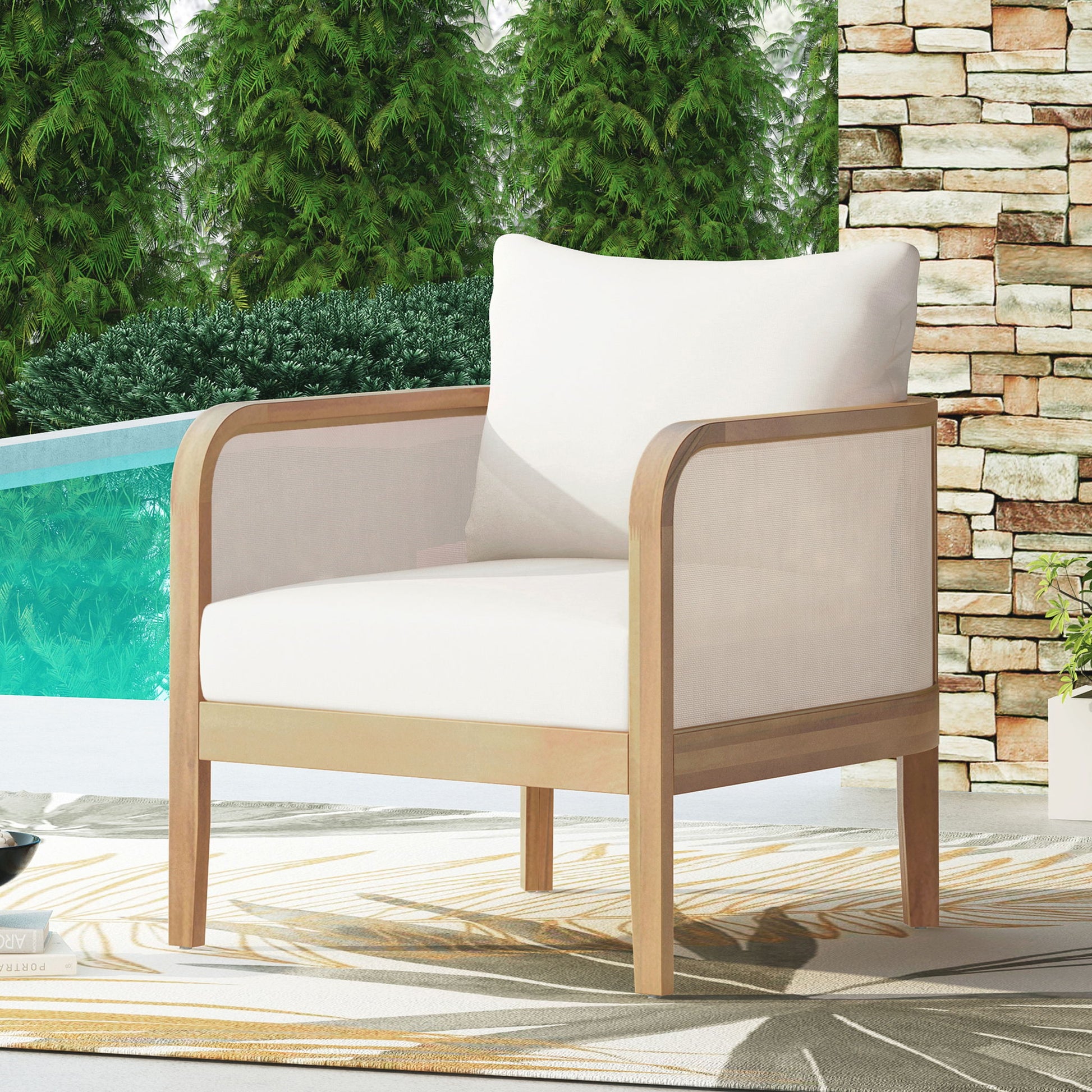 Outdoor Acacia Wood Patio Club Chair, Textilene Patio Furniture, Waterproof Thick Cushion Deep Seating For Porch, Garden, Backyard, Balcony, Weight Capacity 400Lbs, Light Teak - Beige Noble House