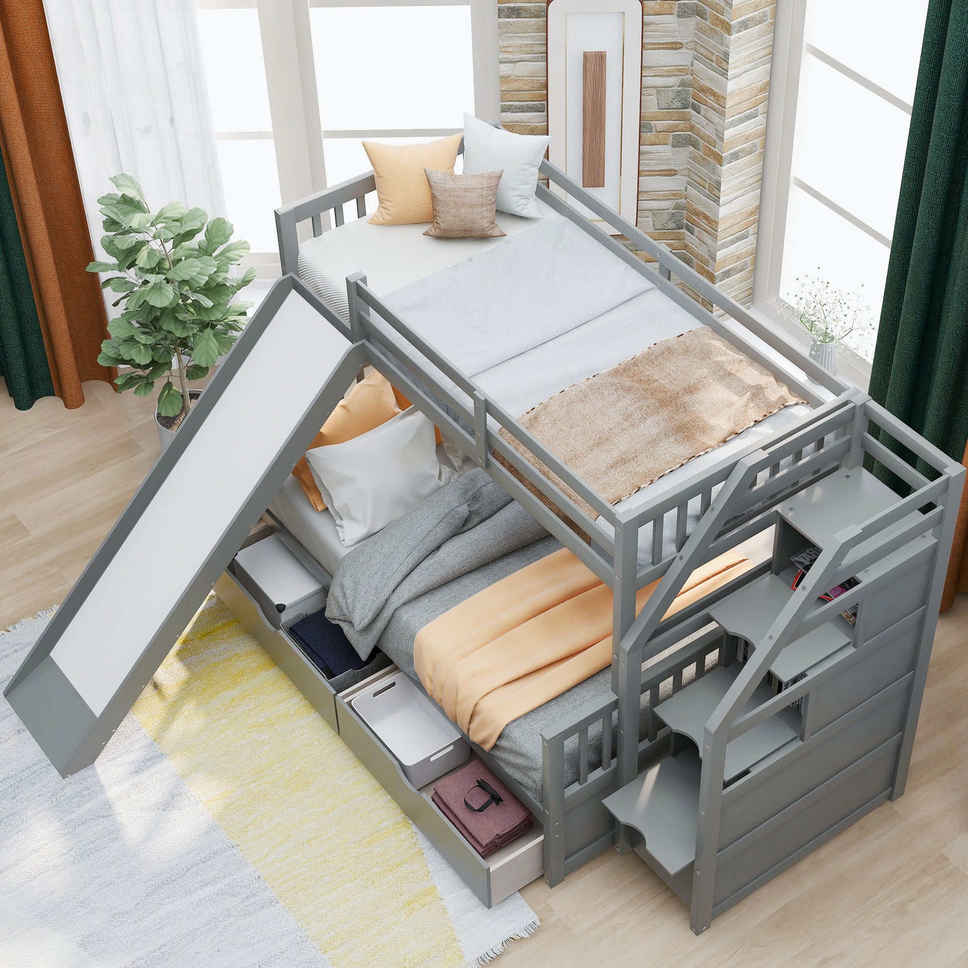 Bunk Bed With Storage Staircase, Slide, Desk, Drawers, And Shelves Hearth and Haven
