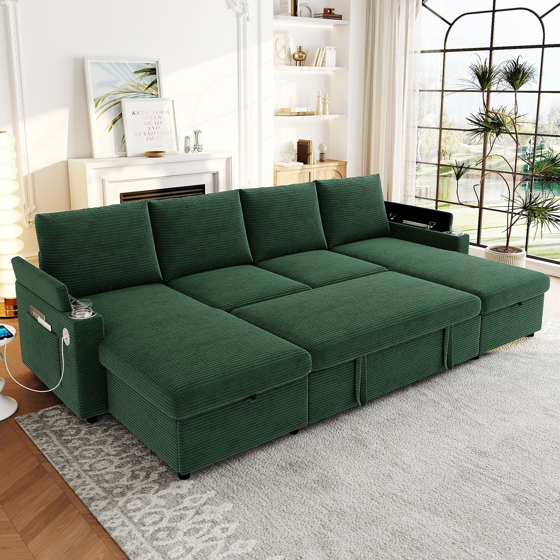 U Shaped Sectional Sofa Bed With Storage Chaise Lounges, USB Ports, And Cup Holders Hearth and Haven