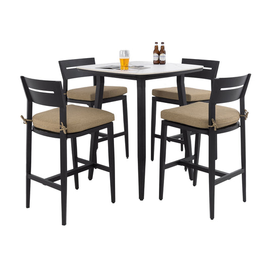 5 Pieces Outdoor Patio Bar Set, Rounded Square Table & 4 Aluminum Bar Stools Life Outside