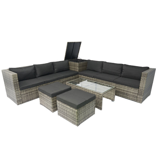 8 Piece Patio Sectional Wicker Rattan Outdoor Furniture Sof Set With One Storage Box Under Seat And Cushion Box - Gray / Black Home Essentials