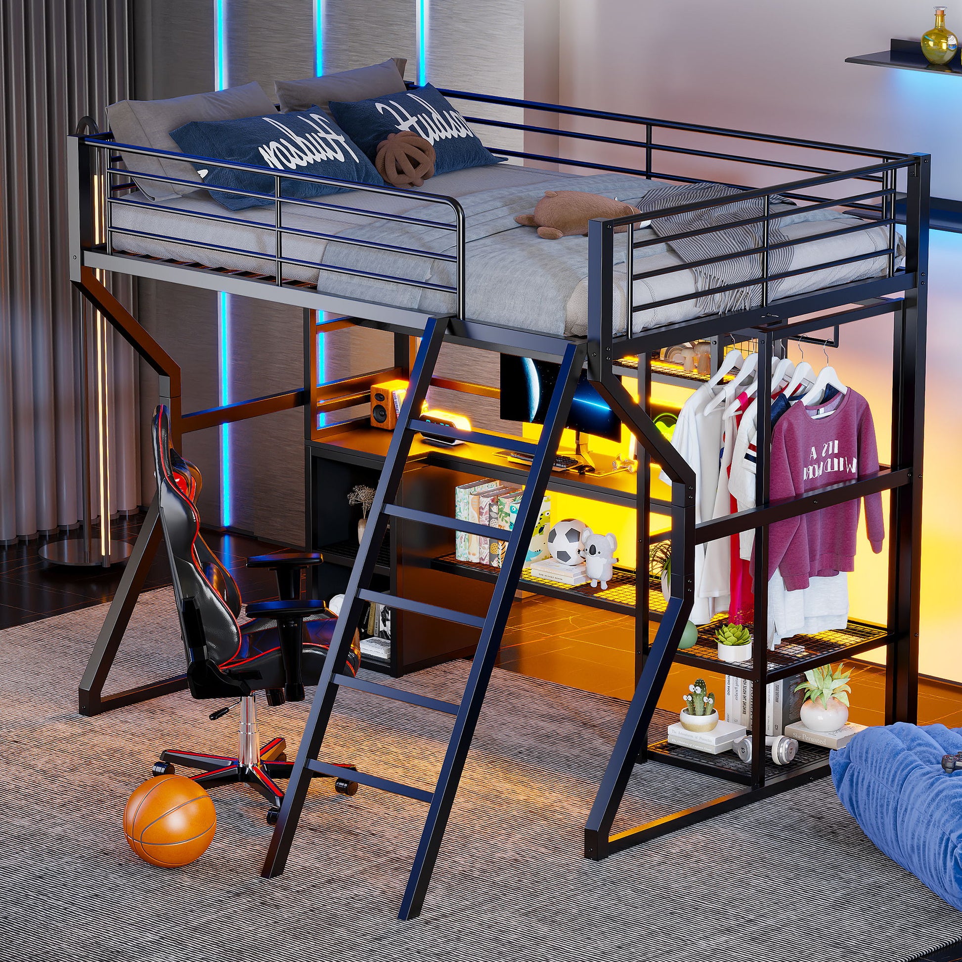 Full Size Gaming Loft Bed With Built In Work Station, Open Wardrobe, LED And Multiple Storage - Black Hearth and Haven