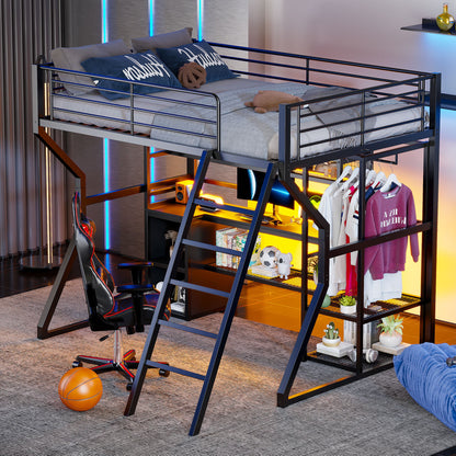 Full Size Gaming Loft Bed With Built In Work Station, Open Wardrobe, LED And Multiple Storage - Black Hearth and Haven