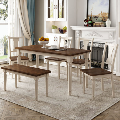 6 Piece Dining Set Classic Wooden Table And 4 Chairs With Bench For Kitchen Dining Room - Brown / Cottage White