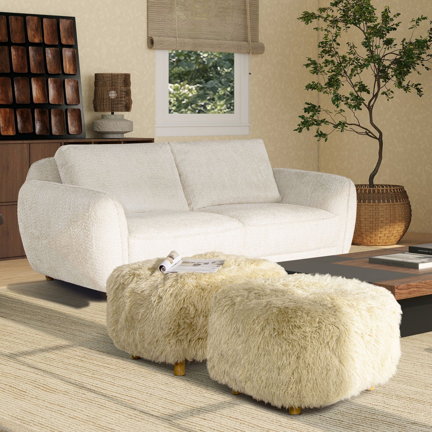 Enchante - New Zealand Sheepskin Rectangular Accent Ottoman - Taupe / Natural Jennifer Taylor Home