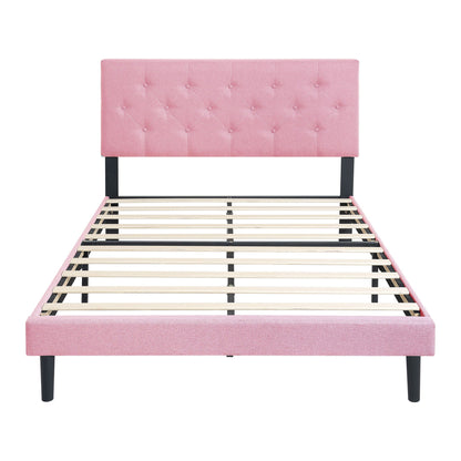 Modern Upholstered Platform Bed Frame With Button Tufted Linen Fabric Headboard Home Essentials