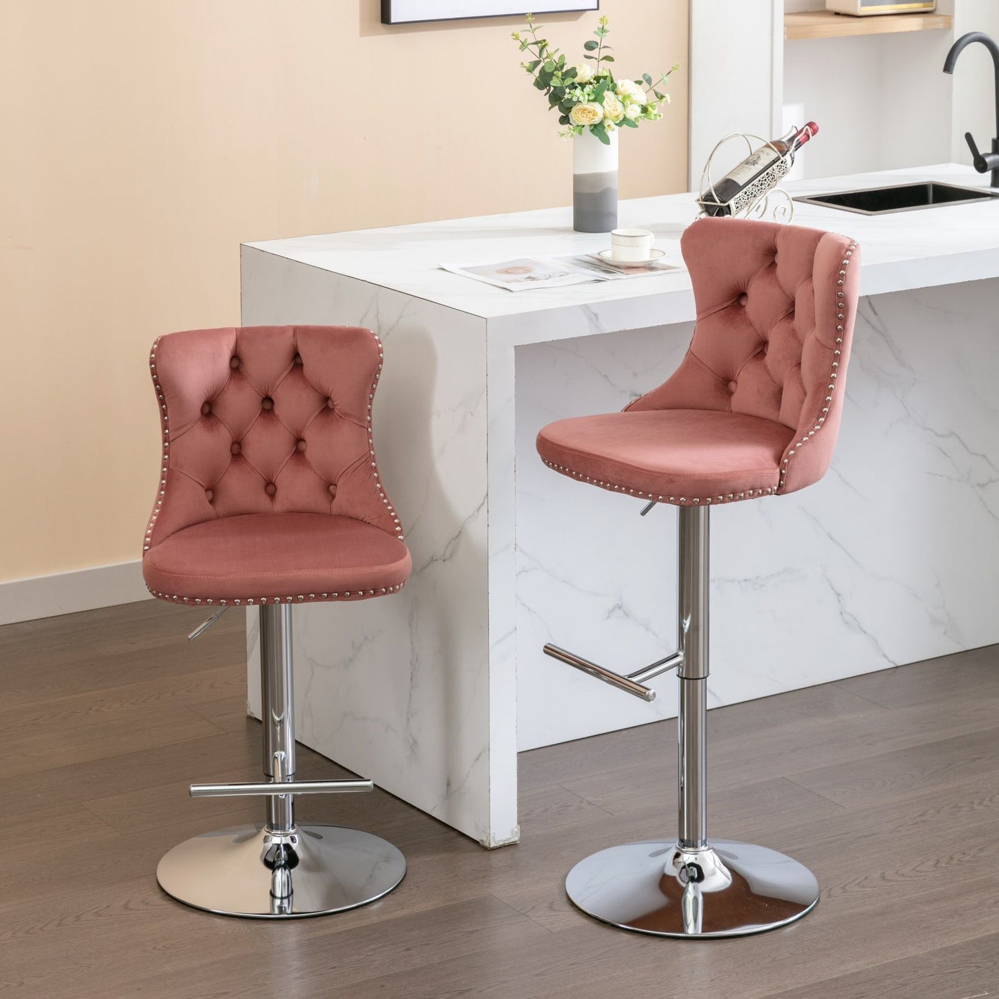 Swivel Velvet Barstools Adjusatble Seat Height From 25-33", Modern Upholstered Chrome Base Bar Stools With Backs Comfortable Tufted For Home Pub And Kitchen Island (Set of 2) Home Essentials