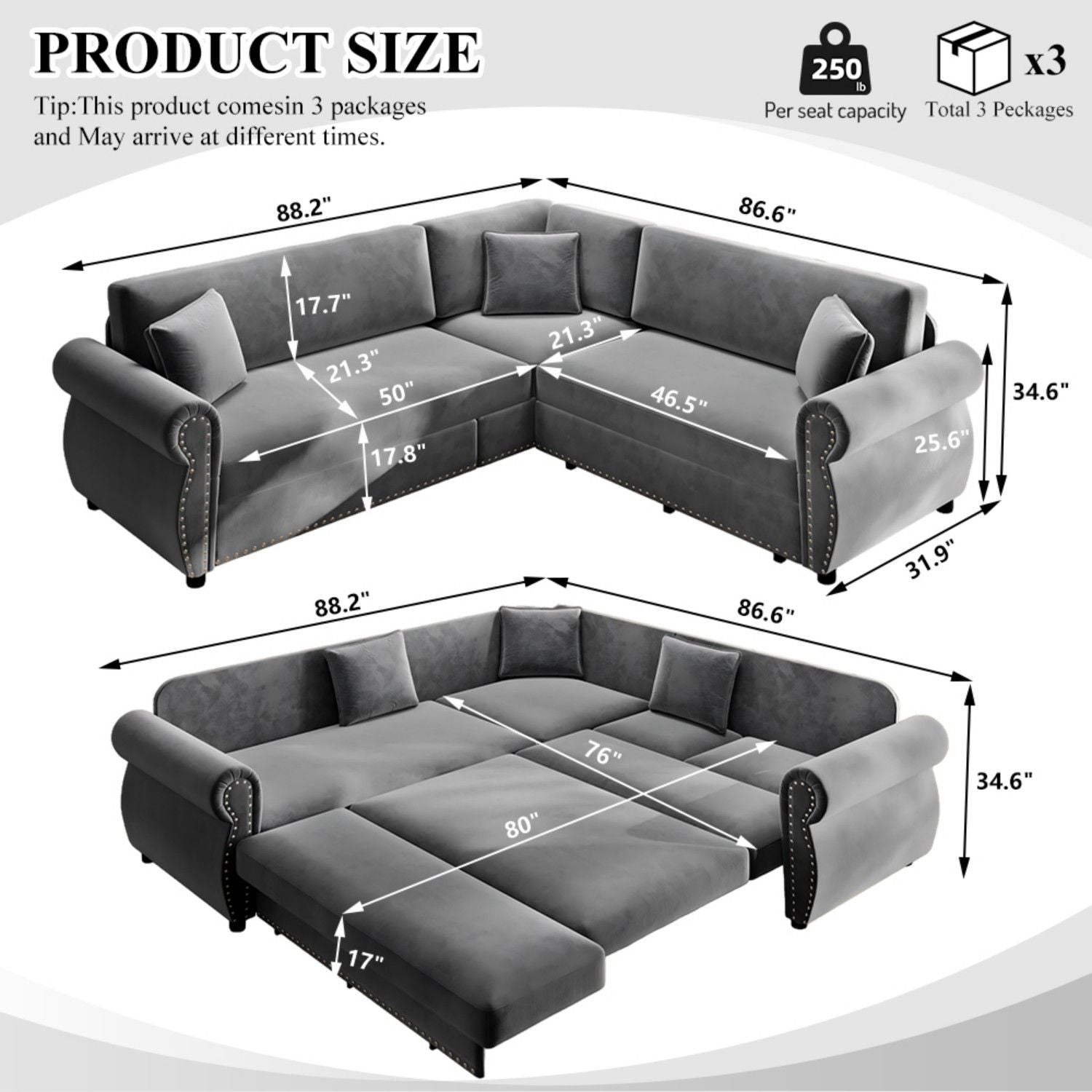 L-Shaped Sofa Couch With Pull-Out Bed Home Essentials